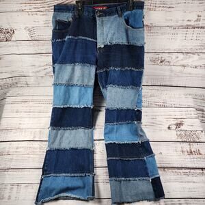 Zana Di Patchwork Flare Jeans Sz 20 Fit 37" Fringe Boho Y2K Denim Panel Raw Hem